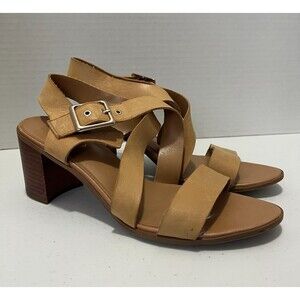 Franco Sarto Helga Sandals Tan Brown Leather Stacked Block Heel Women's Size 9.5